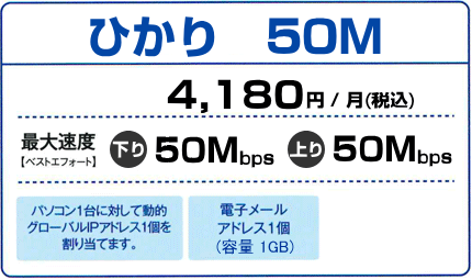 ひかり50M 基本利用料金4,300円（税別）最大速度(ベストエフォート)　上り50Mbps 下り50Mbps